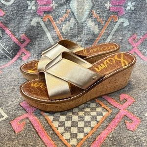 Sam Edelman Remini Metallic Gold Leather Cork Wedge Sandal Women’s size 10